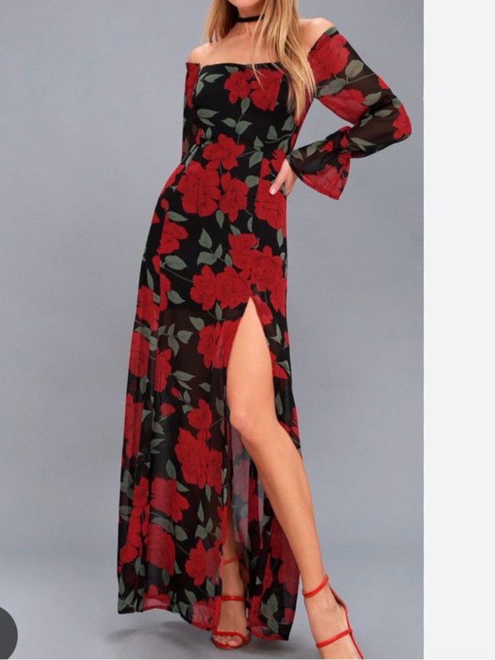 Re:named Red Final Rose Floral Off Shoulder Sheer Chiffon XS Maxi Dress Renamed